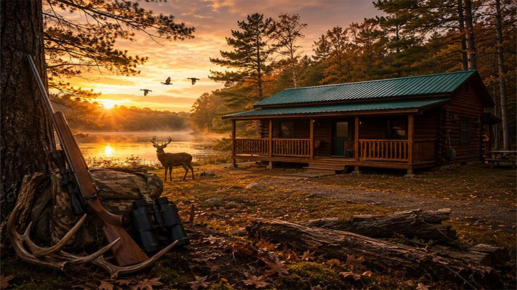 Deer with one of the Rec Lodging cabins in the background. 