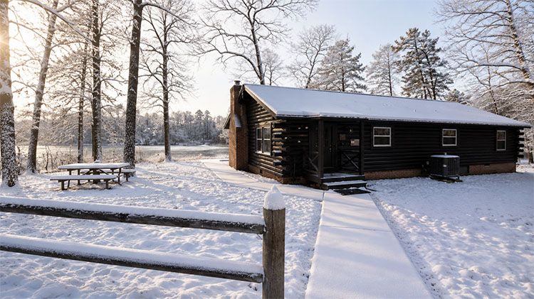 ODR Rec Lodging cabin in the winter time with snow. 