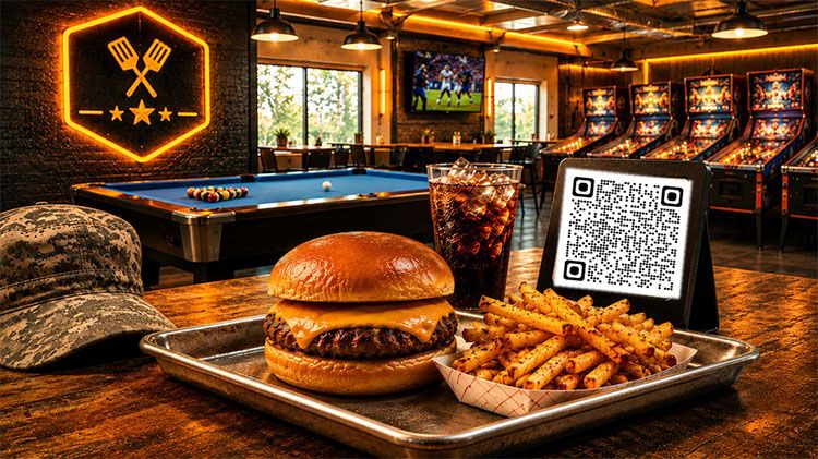 Photo of food and recreation for the Downtime Zone with a QR code for menu. 